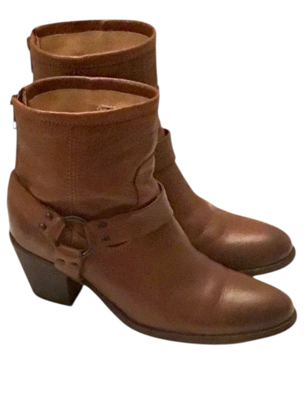 Frye Tabitha Brown Leather Short Ankle Boots Moto Harness Stacked Heel Size-8.5